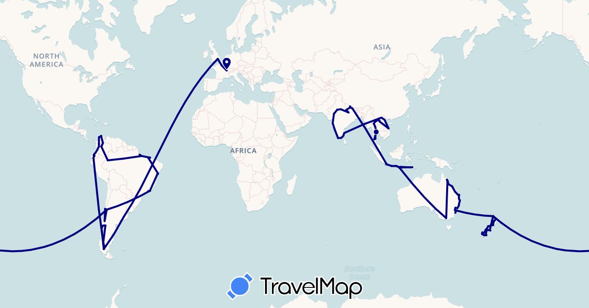 TravelMap itinerary: driving in Argentina, Australia, Brazil, Chile, Colombia, Ecuador, France, United Kingdom, Indonesia, India, Laos, Nepal, New Zealand, Thailand, Vietnam (Asia, Europe, Oceania, South America)